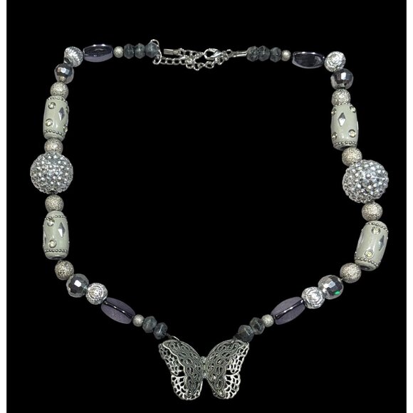 Handmade Fairycore Chunky Butterfly Silver Tone Beaded Necklace - Picture 1 of 5